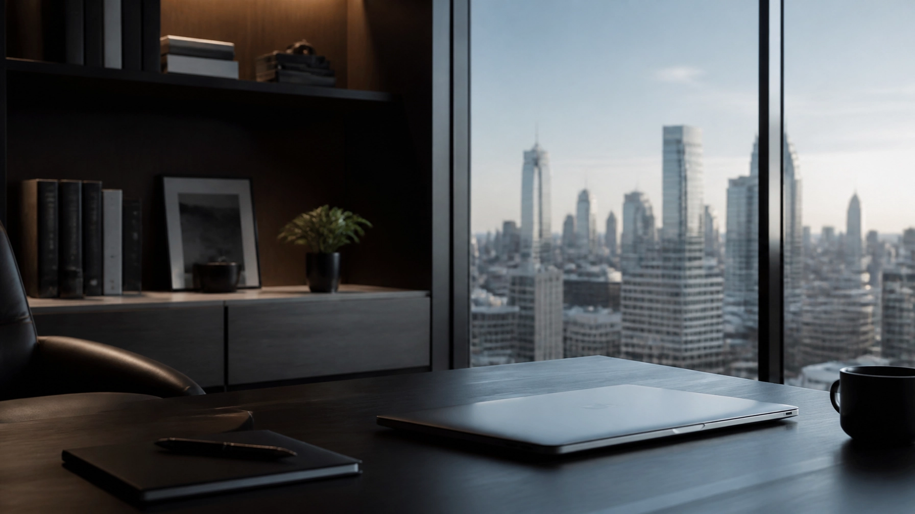 A laptop and notebook on a desk overlooking a city skyline